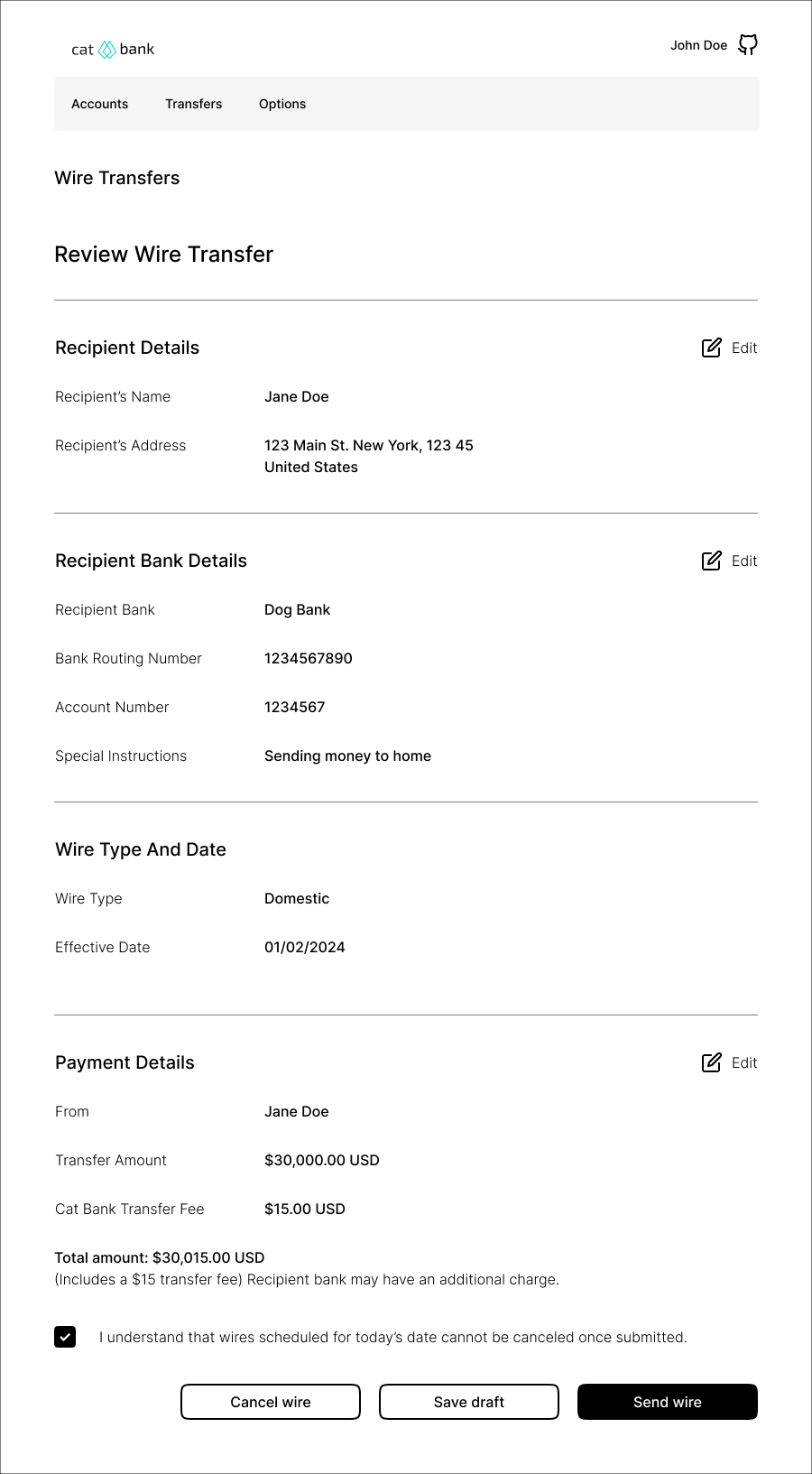 Review Wire Transfer Page